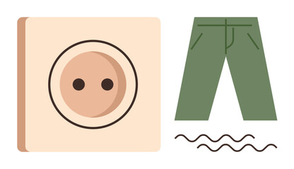 Button alongside green pants and wavy lines symbolizing sewing, tailoring, clothing design, creativity, garment production, textile industry, and style elements. A simple flat metaphor