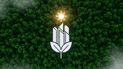 Aerial view of dense green forest canopy with a glowing sun and a white icon symbolizing sustainable city development