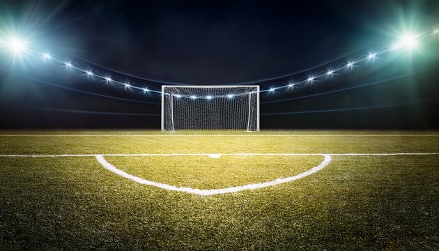 dramatic empty soccer field with single goal under stadium lights for sports enthusiasts caught in high contrast nighttime
