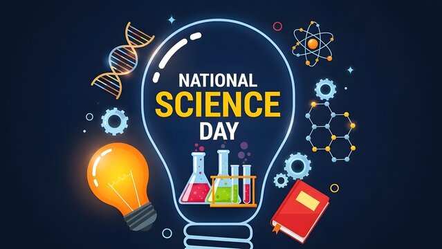 Illustration celebrating national science day featuring a light bulb, dna helix, molecules, and laboratory glassware against a dark background