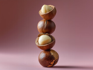Macadamia nuts in their shells stacked on top of each other