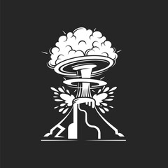 Erupting volcano with lava fountain ejecting from a crater isolated on white background