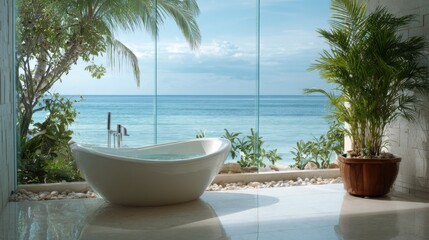 A luxurious bathroom features a sleek bathtub facing a stunning ocean view. Palm trees and vibrant greenery frame the glass walls, creating a serene atmosphere.