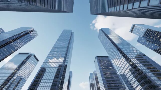 Lowangle view of modern glass skyscrapers reflecting blue sky and clouds in a vibrant city