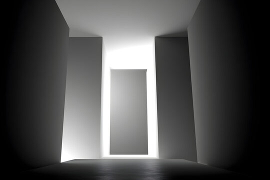 Modern architectural space with dramatic lighting and a sense of mystery and exploration