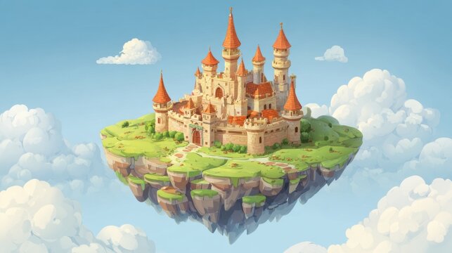 An extraordinary floating castle is surrounded by soft, white clouds. Its impressive towers and colorful rooftops create a magical atmosphere in an imaginative landscape.
