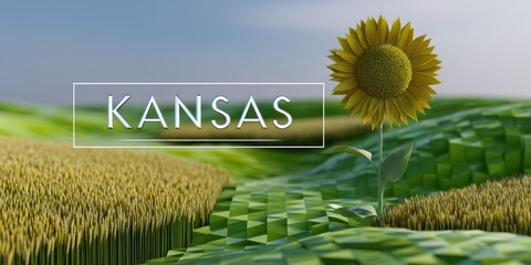 modern kansas postcard, a contemporary representation of the kansas landscape is depicted on a stylish d postcard, featuring geometric hills, wheat fields, and a metallic sunflower, with the word