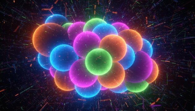Cluster of neon glowing spheres in dark digital space symbolizing data network quantum technology and creative innovation