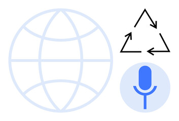 Globe symbolizing global connections, recycling icon representing sustainability, and a microphone icon for voice interaction. Ideal for communication, environment, technology, globalization