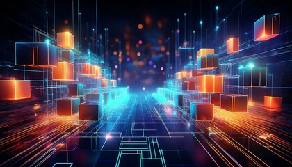 blockchain visualization 3d network of blocks and nodes digital futuristic financial theme