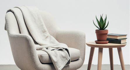 An empty, comfortable armchair in light linen fabric, with a soft, folded throw blanket. On a small side table, a stack of books and a simple, terracotta pot with a snake plant.