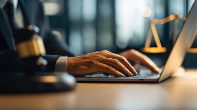 A professional in a suit focuses on typing legal documents on a laptop. A gavel rests beside them on a desk, emphasizing the legal context. Natural light illuminates the workspace. - Powered by Adobe