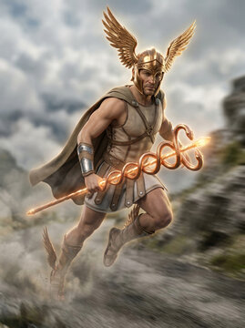 Hermes the Greek messenger god running fast with winged helmet and caduceus staff