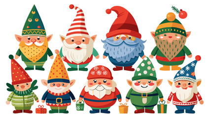 Fototapeta premium Very beautiful isolated Christmas gnome collection featuring charming holiday gnomes with festive hats, winter patterns, soft textures, and playful seasonal poses, designed in a clean, stock-friendly 