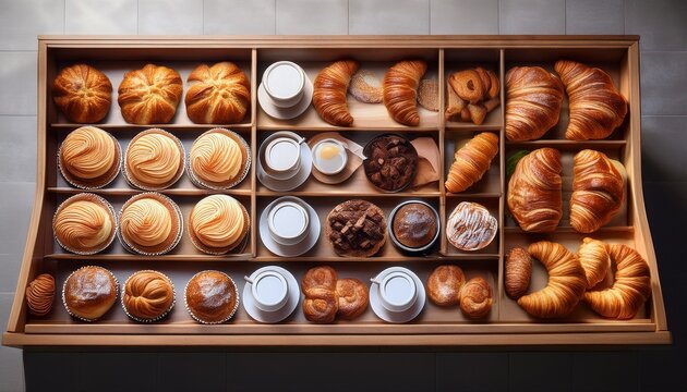 top view of bakery counter with cupcakes croissants coffee cups and pastries arranged neatly - Powered by Adobe