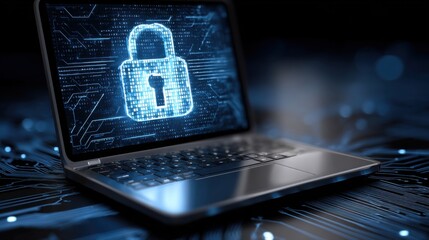 A laptop sits on a dark surface featuring circuit board patterns. The screen displays a glowing lock symbol, representing digital security and encryption in technology.
