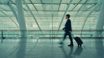 Motion-blurred businessman pulling a suitcase through a modern airport terminal, hurry concept.