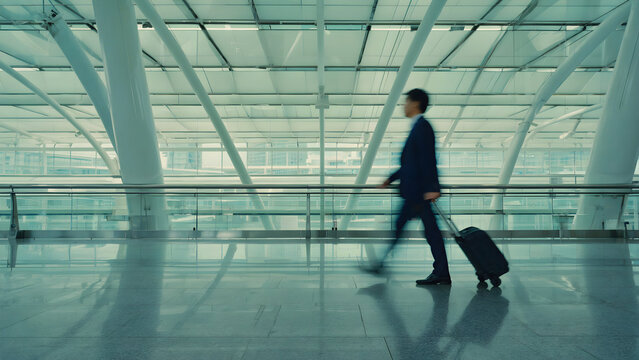 Motion-blurred businessman pulling a suitcase through a modern airport terminal, hurry concept.