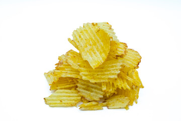 Stacked Ruffled Potato Chips with Golden Brown Edges on Black Background crisps snack,