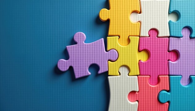 Colorful interlocking puzzle pieces assemble to represent connection and complex task completion. Diverse shades form unified whole. Strategy and synergy implied.