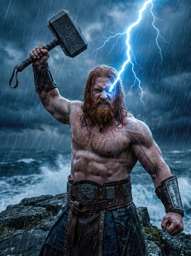 Thor the Norse god of thunder holding the hammer Mjolnir with lightning striking
