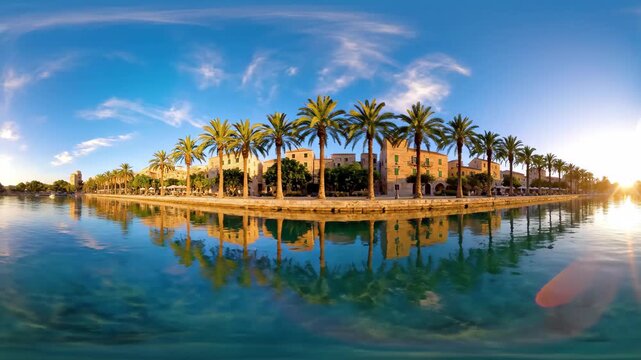 Panoramic view of a picturesque waterfront with palm trees, historic buildings, and reflections at sunset