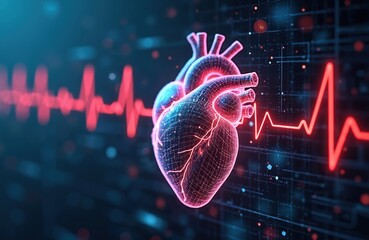 Futuristic illustration of a human heart with an EKG or ECG line. Digital medical concept shows organ anatomy, technology, data, and health. Healthcare and medical innovations shown here.