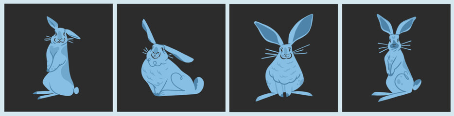 4Hand drawn abstract vector graphic clipart illustration collection with blue adorable cute,realistic bunny characters.Trendy kids modern design concept.Vector contemporary New Year and Easter symbol.