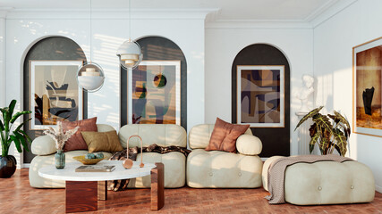 Naklejka premium Large luxury modern bright interiors Living room mockup illustration 3D rendering image