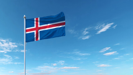 Icelandic flag waving against a clear blue sky with fluffy clouds during a sunny day