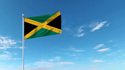 Jamaican flag waving proudly against the clear blue sky in a symbol of national pride and sovereignty
