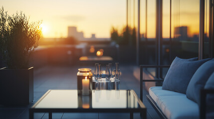 Sunset rooftop terrace with city view, candles, and elegant furniture for relaxing evening gatherings