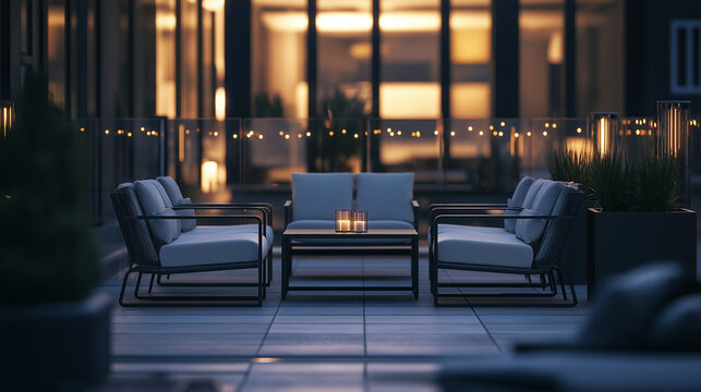 Elegant outdoor lounge area at twilight invites relaxation and conversation under the soft string lights - Powered by Adobe