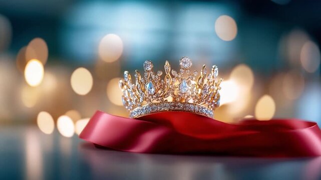 Regal Crown on Red Ribbon: A resplendent golden crown, adorned with dazzling jewels, rests elegantly upon a luxurious red ribbon. Sparkling lights in the backdrop enhance the scene's opulent charm.
