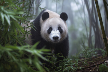 Obraz premium Wild panda bear in a bamboo forest in a foggy morning