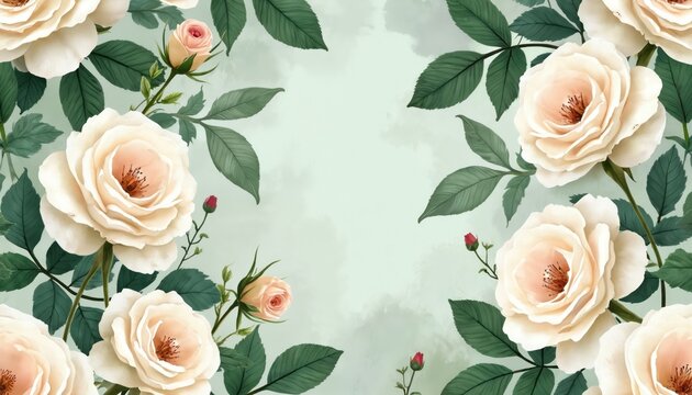 Floral seamless pattern white roses green leaves. Soft pastel colors create vintage luxury design. Rose buds add delicate touch to eco friendly nature theme. Elegant backdrop for print design