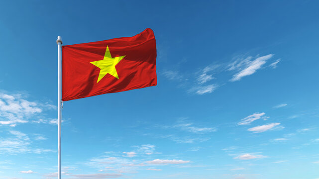 Vietnamese flag waving proudly under a clear blue sky on Soverei - Powered by Adobe