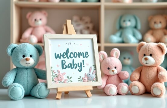 Cute teddy bears and bunnies surround a welcome baby sign. Soft pastel colors create a sweet atmosphere for a newborn announcement or baby shower invitation.