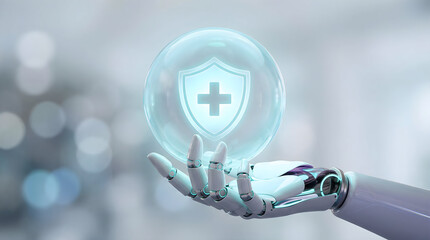 Innovative healthcare concept with robotic arm holding medical shield for protection