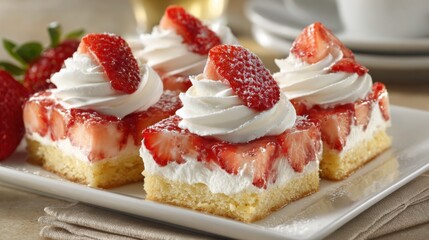 Delicious strawberry shortcake squares on a white plate are beautifully arranged with whipped cream and fresh strawberries. Perfect for a summer dessert at a friendly celebration.