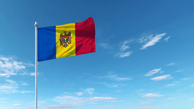 Waving flag of Moldova against a bright blue sky during Independence Day celebration - Powered by Adobe