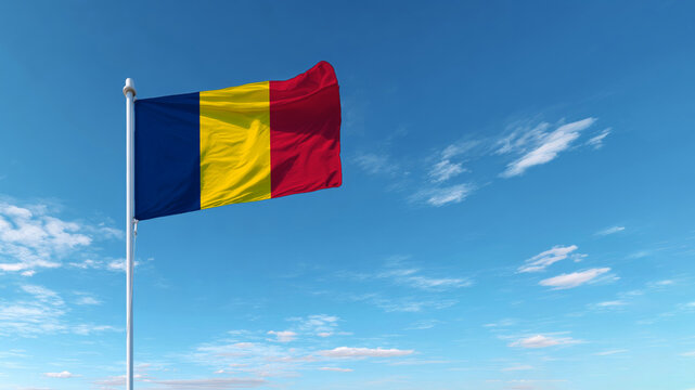 Romani's national flag waving in clear blue sky on Independence Day celebration