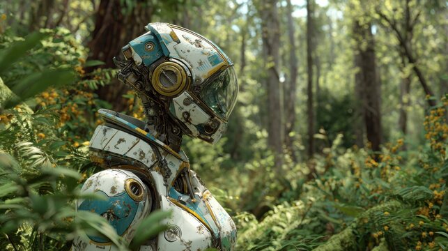 A humanoid robot stands among tall ferns and wildflowers in a dense forest. Sunlight filters through the trees, illuminating its metallic features. Nature surrounds the mechanical figure. - Powered by Adobe