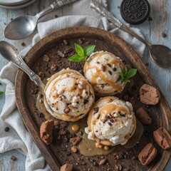 Vanilla cookie ice cream scoops in bowl with chocolate chips and spoon on fabric