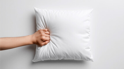 Cozy white pillow being squeezed in a comforting setting