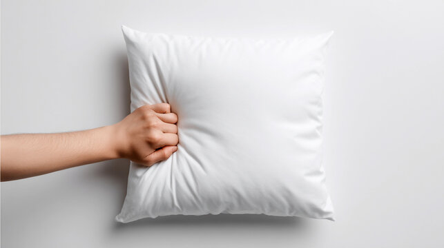 Cozy white pillow being squeezed in a comforting setting