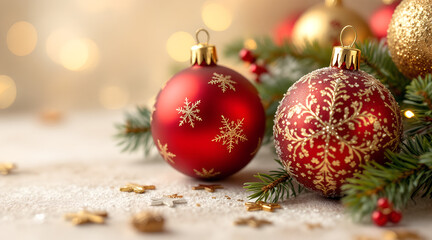Festive close-up of red Christmas ornaments with golden patterns on a snowy surface, surrounded by evergreen branches. Warm bokeh lights create a bright, elegant holiday atmosphere perfect for seasona
