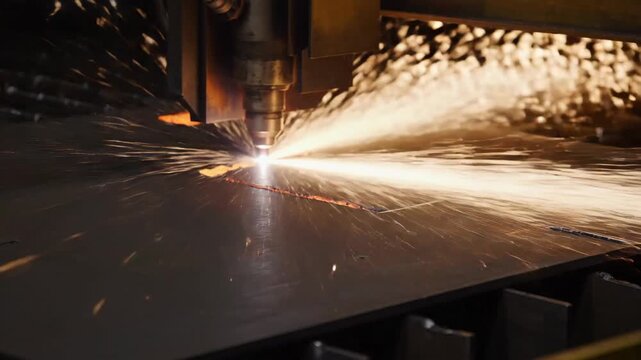 Industrial Laser Cutting Metal Sheet Sparks in a Dark Environment