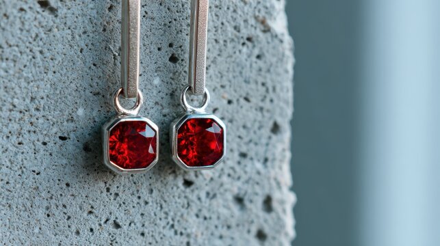 modern jewelry design, geometric sterling silver dangle earrings feature square-cut rubies bezel-set on brushed bars, standing out against a minimalist grey background