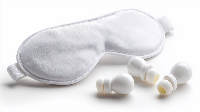 White sleep mask and earplugs ready for a relaxing rest